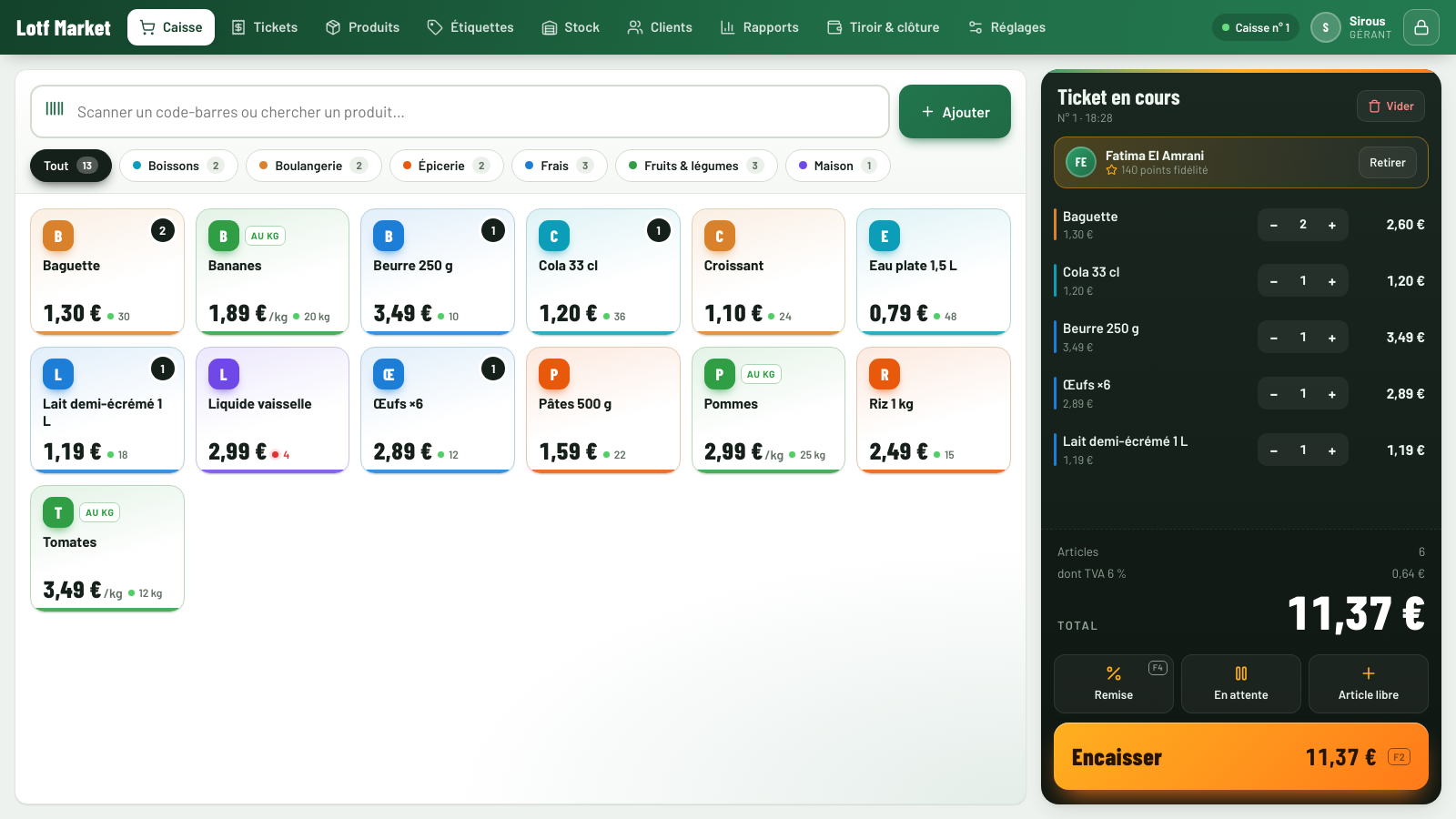 Écran de caisse Kassio Tec avec les produits colorés par catégorie et le ticket en cours