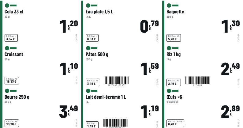 Planche d'étiquettes de prix Kassio Tec avec prix au kilo et codes-barres